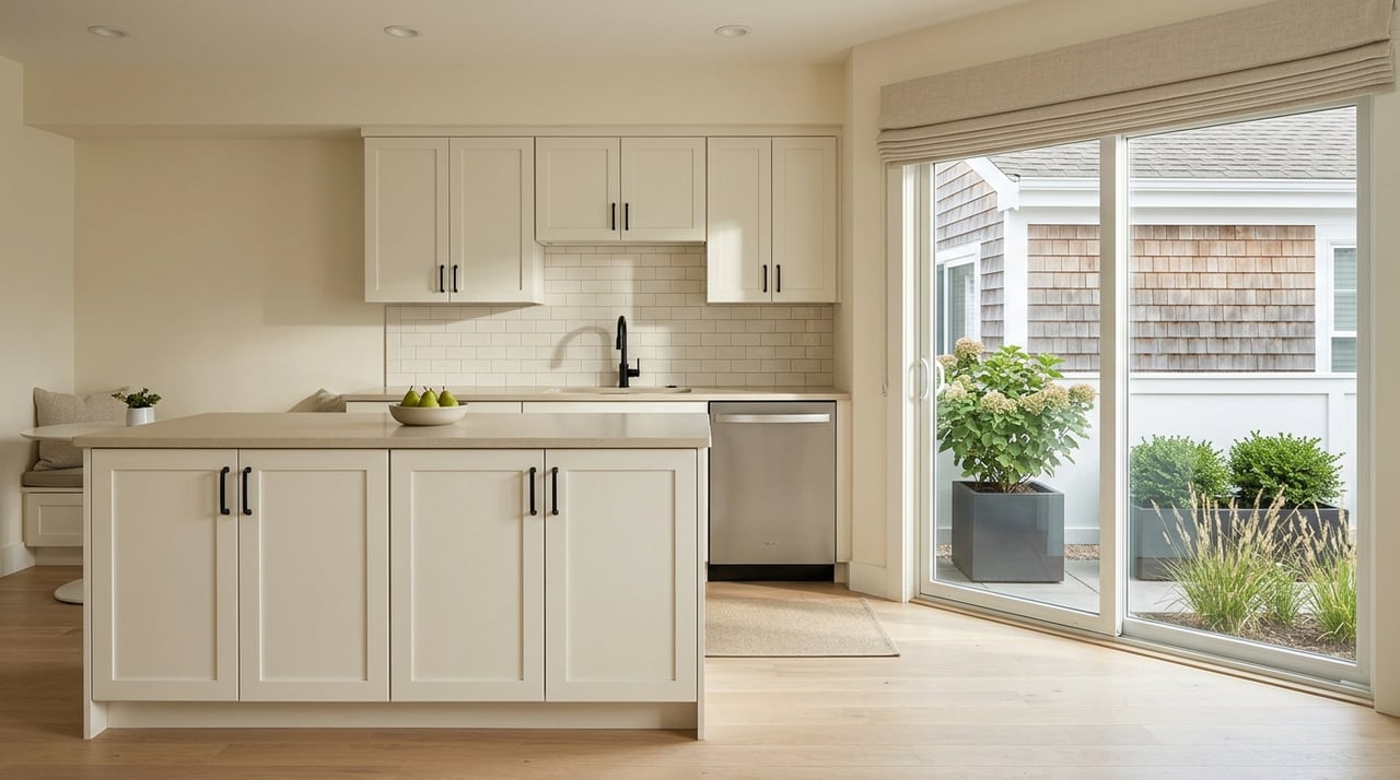 Open-plan kitchen and living area with a glimpse of the patio and an adjacent shingled wall.