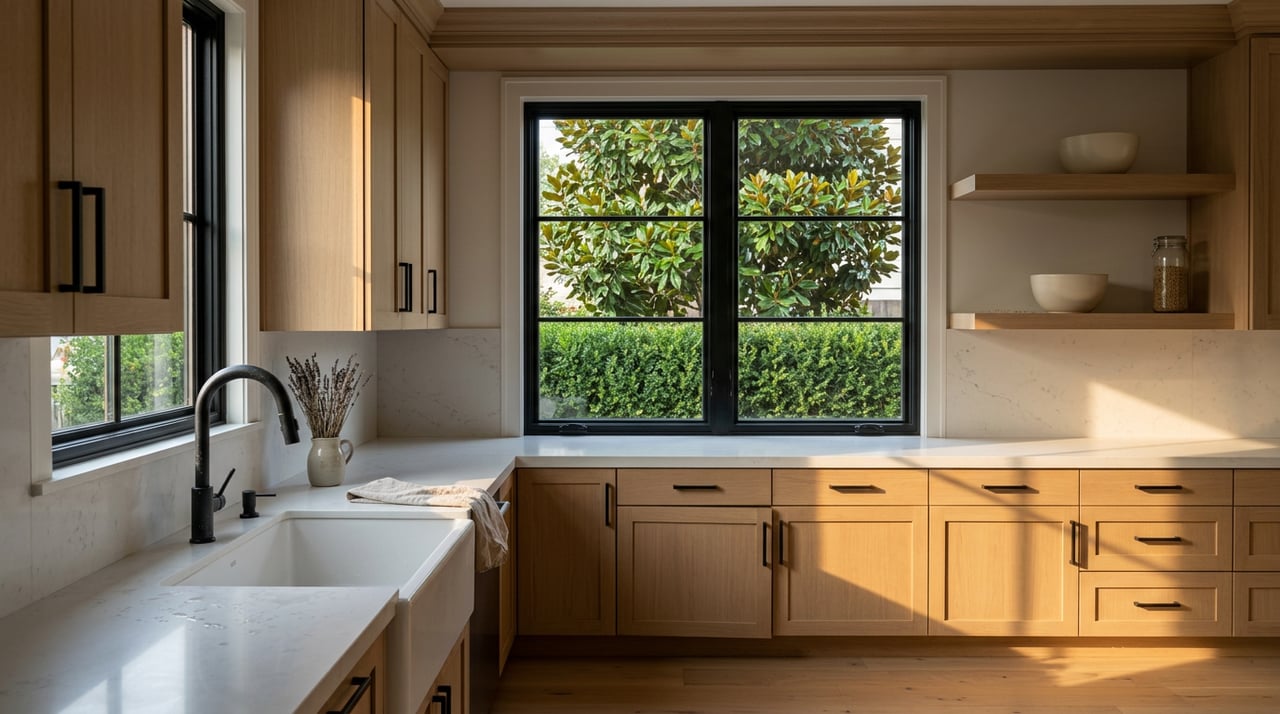 Oak kitchen counter with a white farmhouse sink beneath a black-framed window, glossy magnolia leaves outside.