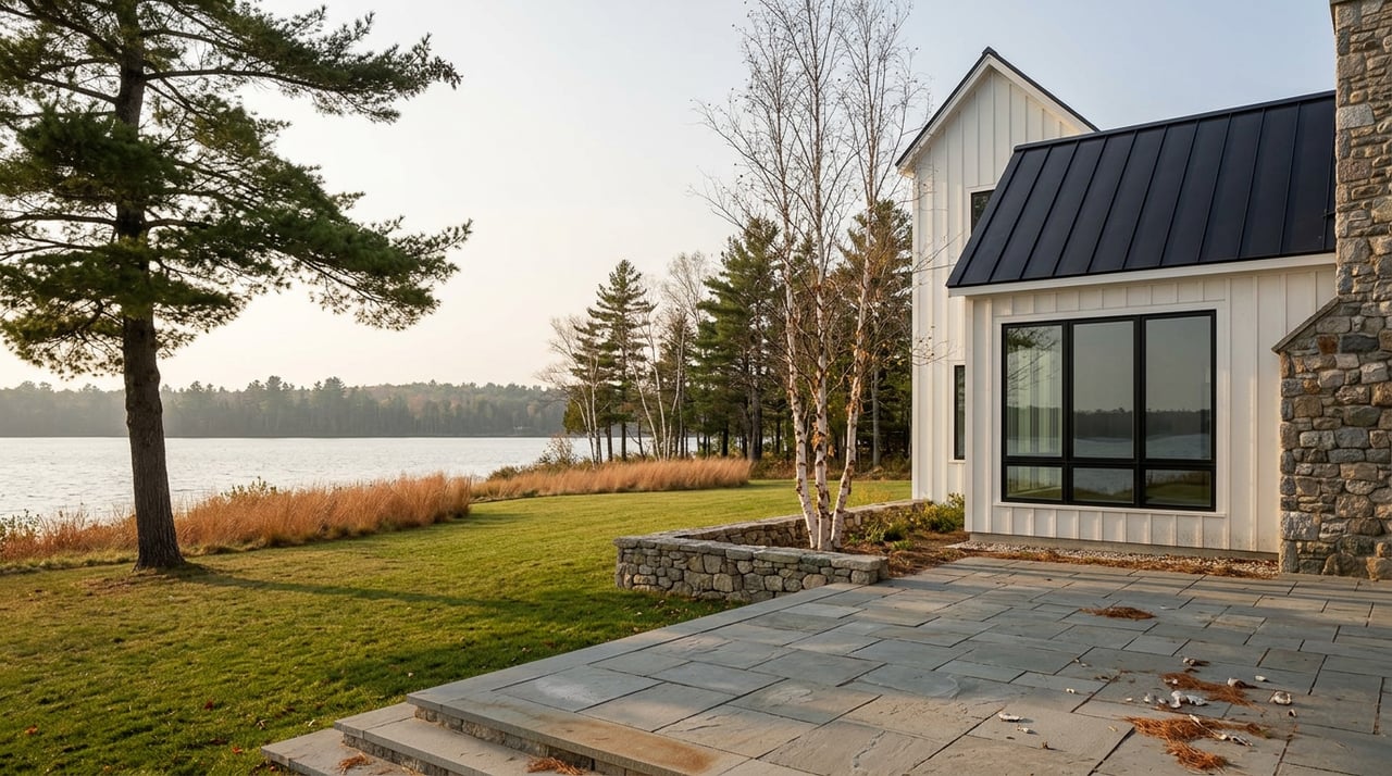 White lakeside house beside a bluestone terrace, lawn, wind-shaped pine, and water backed by a distant tree line.