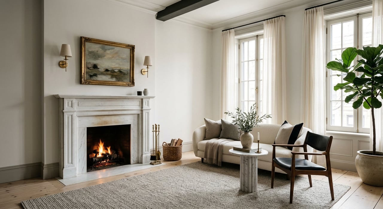 Marble fireplace anchors a living room with a tall curtained window and potted olive tree.