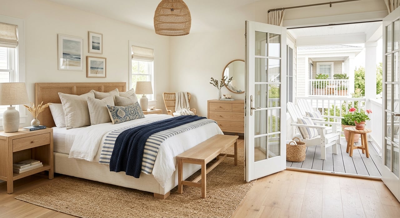 Coastal bedroom with a navy-accented bed beside open French doors leading to a balcony with a rattan chair.
