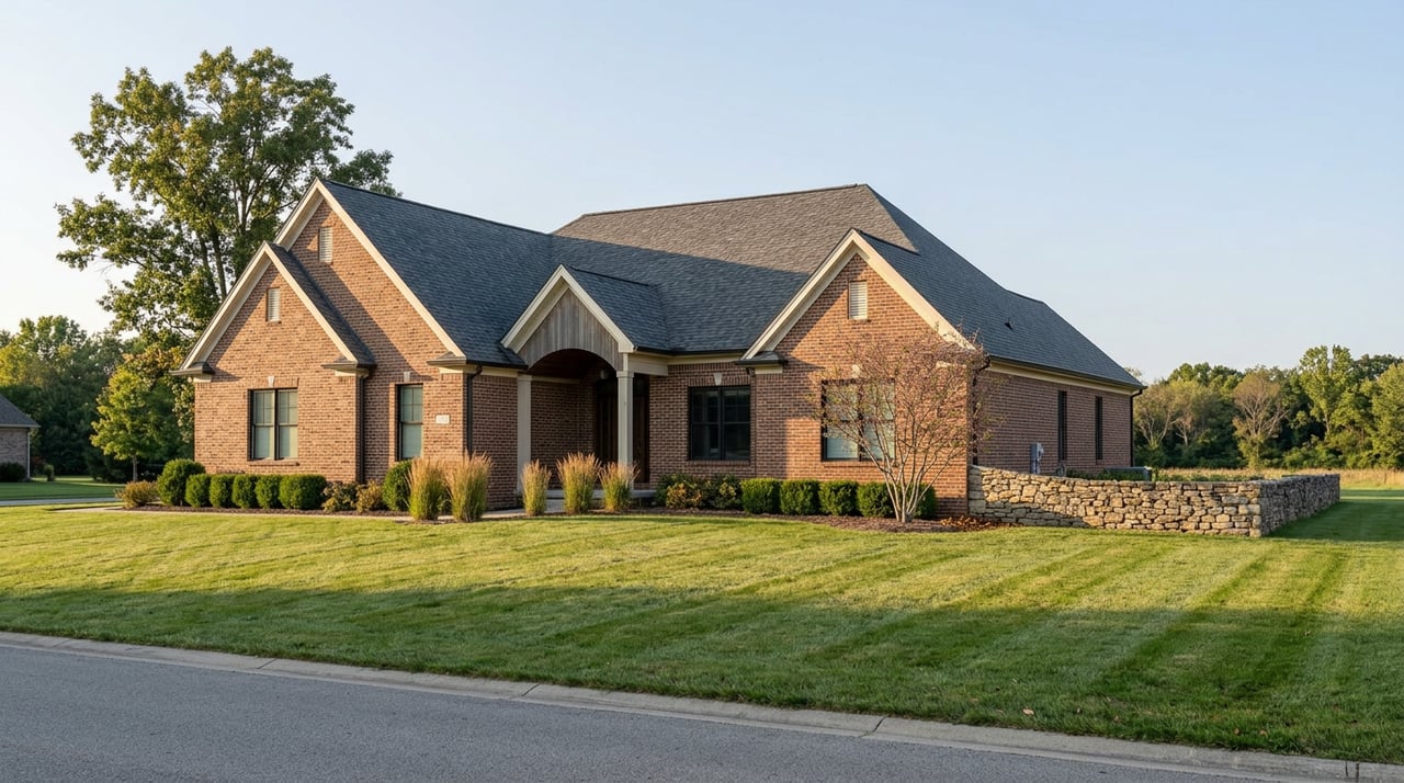 Brick home with an arched entry beyond a broad striped lawn, framed by a mature oak and low stone wall.