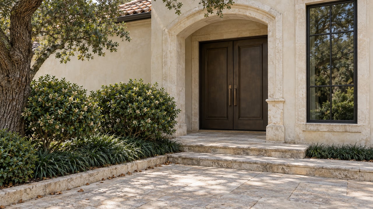Limestone-arched entry with dark double doors, a glazed window, oak tree, and shrubs beside worn pavers.