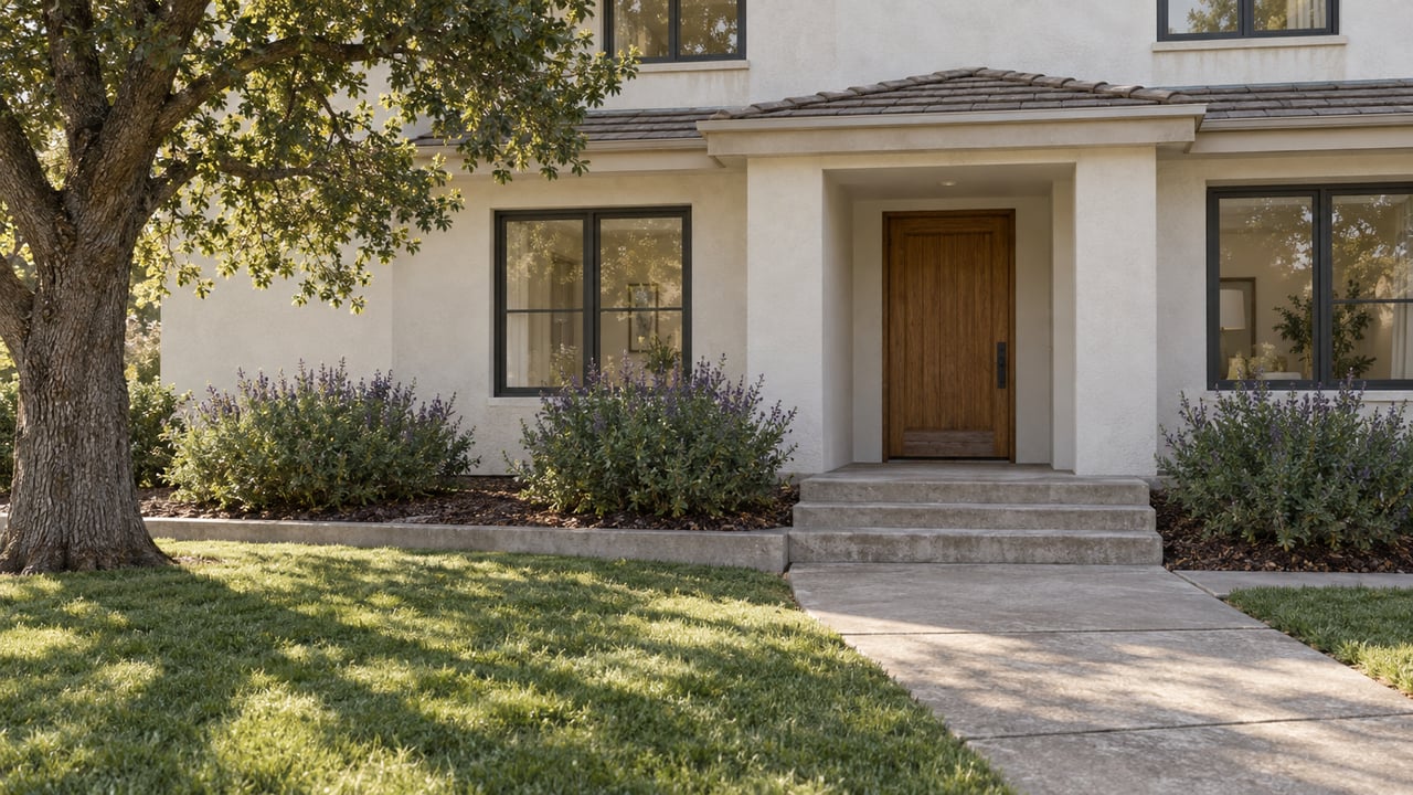 Light stucco home with a sheltered oak entry, concrete steps, deep green lawn and a mature oak beside the approach.