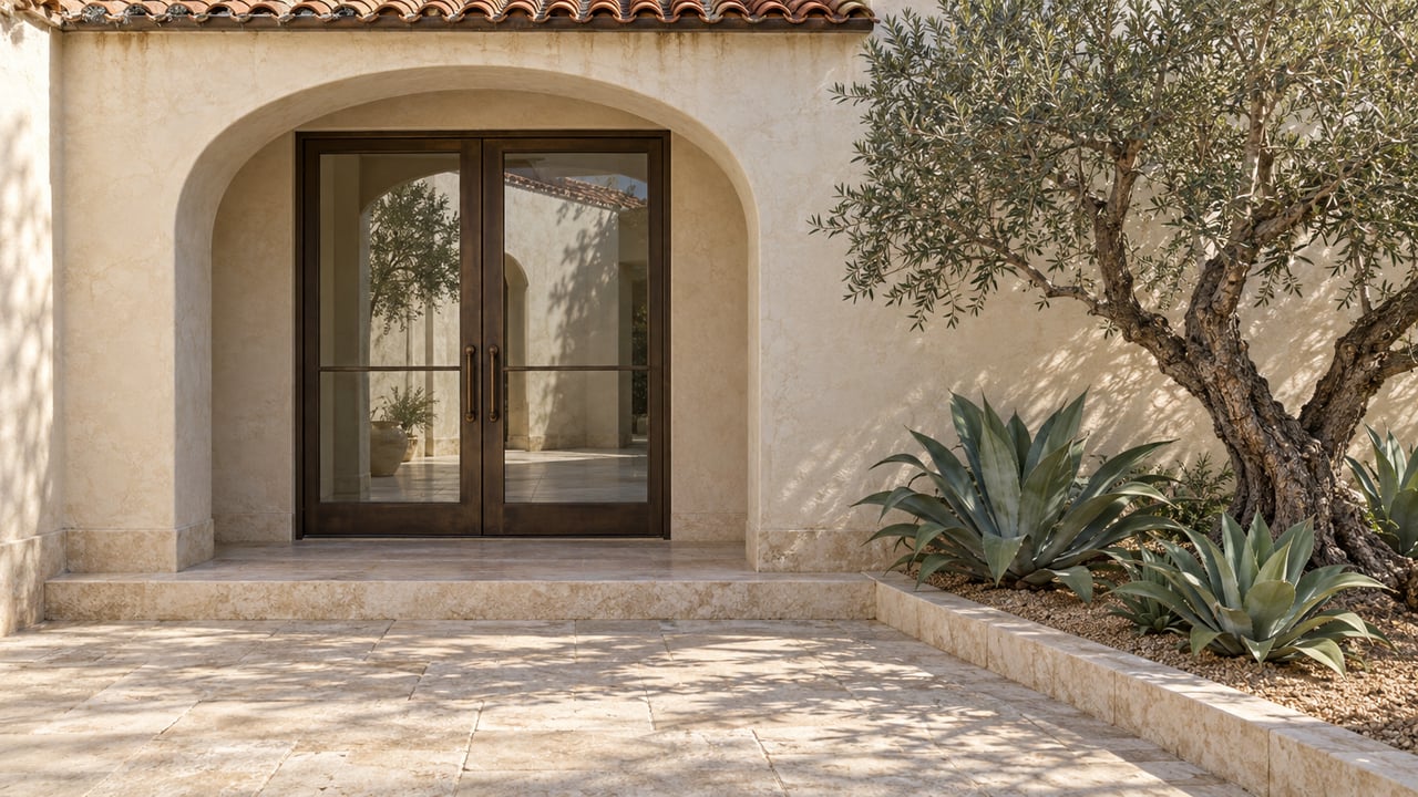 Sunlit cream stucco entry with bronze-framed arched double doors, limestone paving, and a mature olive beside three agaves.