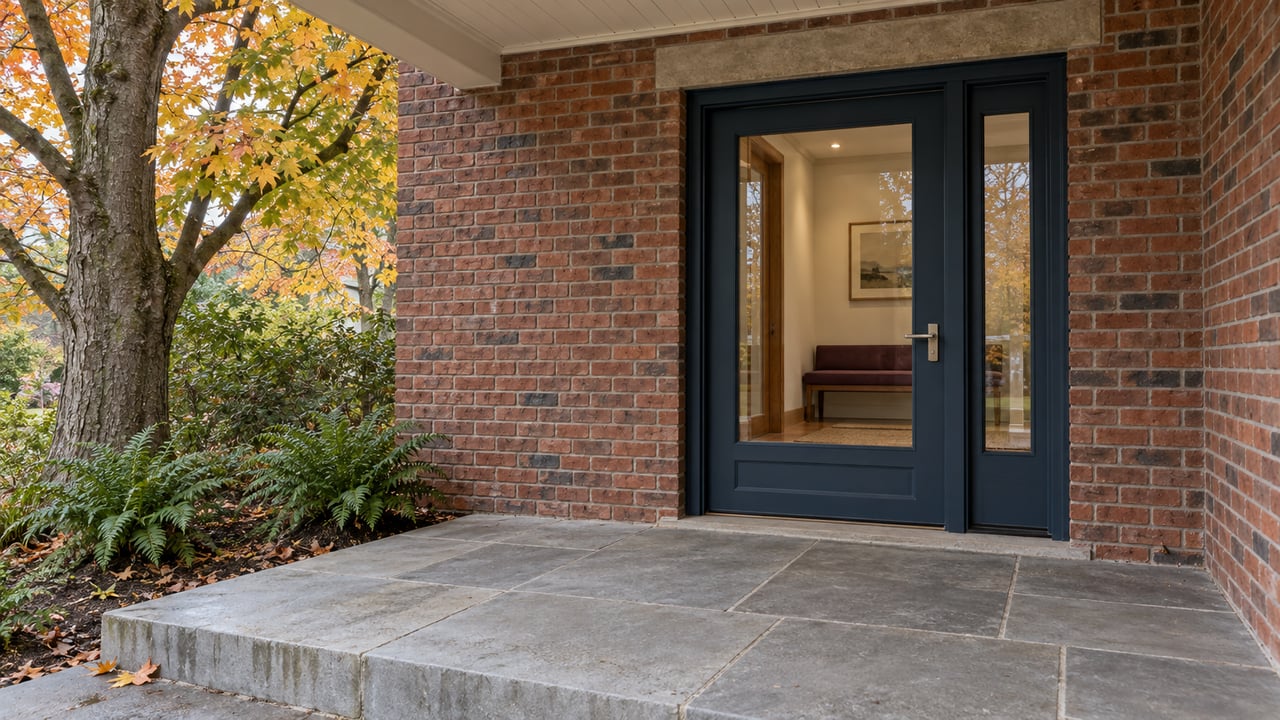 Covered brick home entry with an ink-blue glazed door, limestone landing, and amber maple leaves beside the porch.