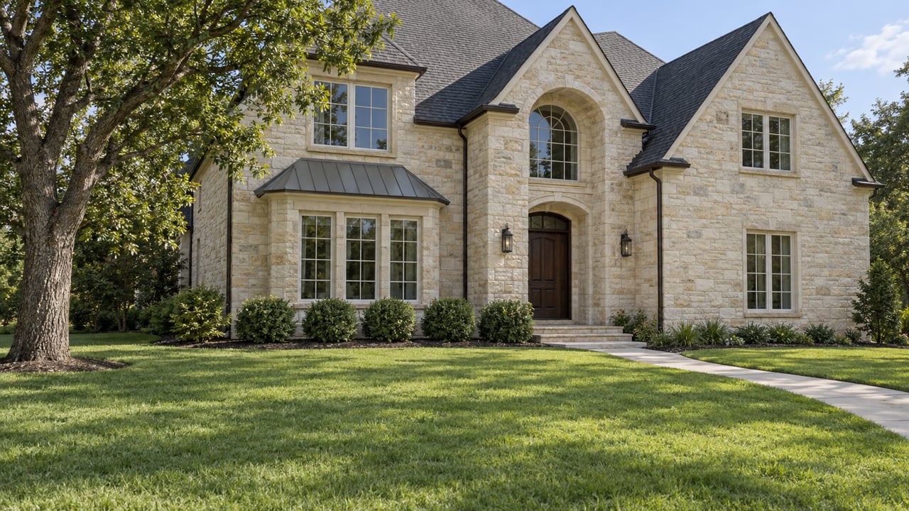 Two-story limestone home with steep charcoal gables, white-trim windows and a broad front lawn beneath a mature bur oak.