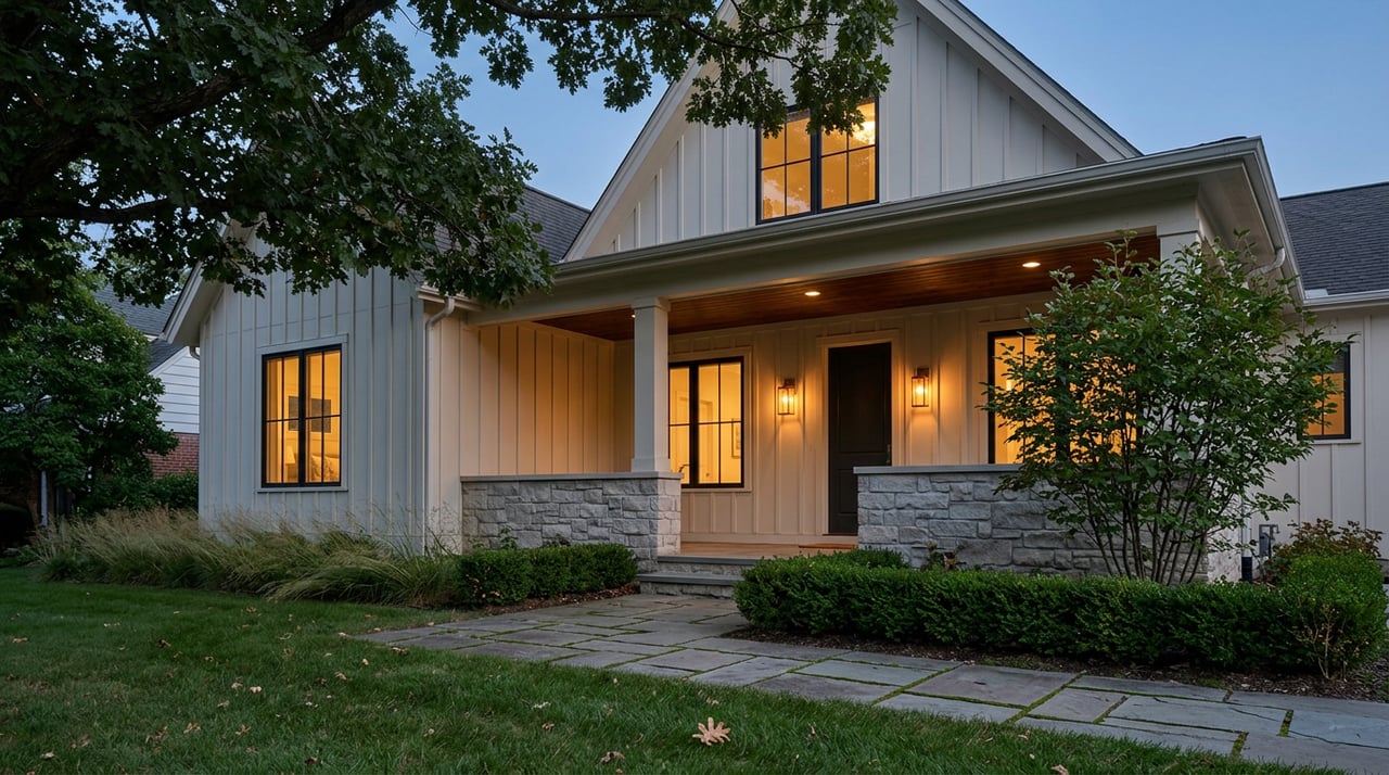 Off-white home with warm glowing windows, a stone porch, and a flagstone path beneath an oak at dusk.
