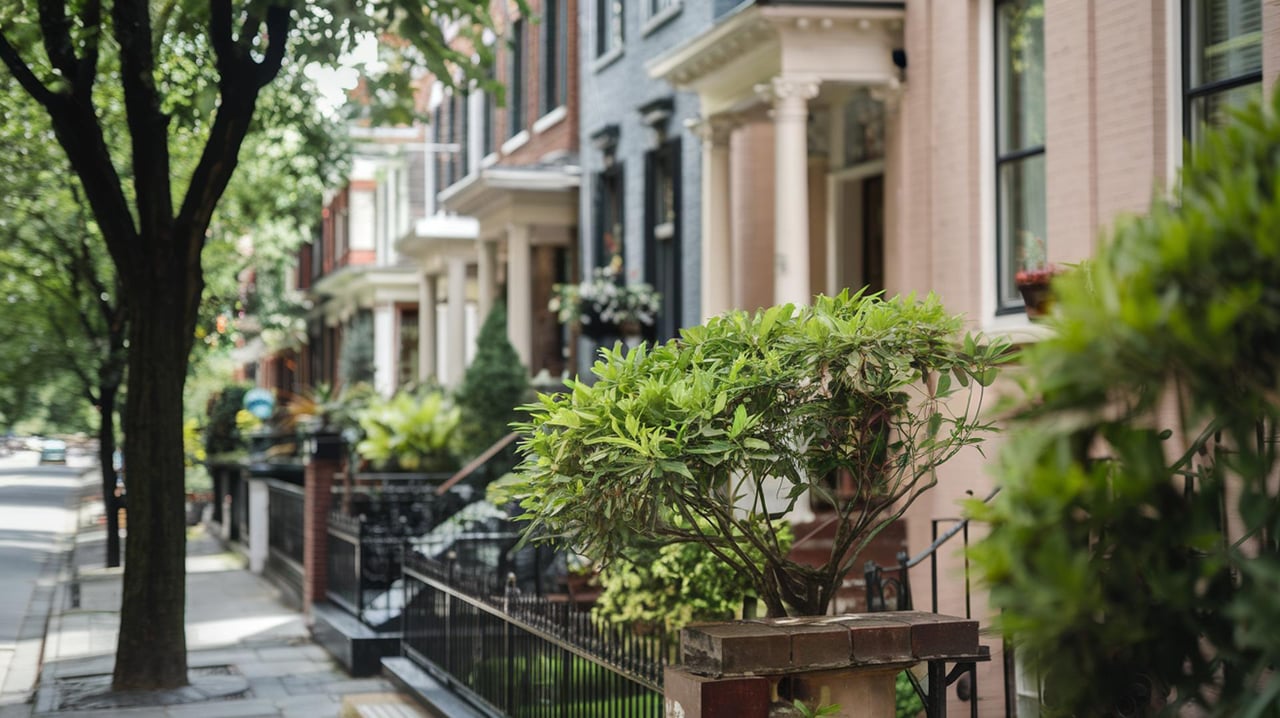 Shrubs in planters line the iron-railed stoops of brick rowhouses along a tree-shaded sidewalk.