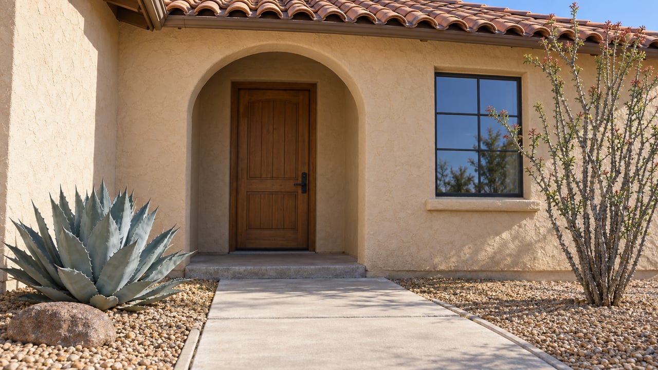 Sand-colored stucco home with a shaded arched wood entry, terracotta roof tiles, and agave and ocotillo beside a concrete walkway.