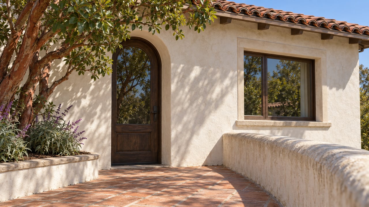 Warm stucco home with clay tile eaves, an arched glass door and a terracotta terrace beside a mature strawberry tree.