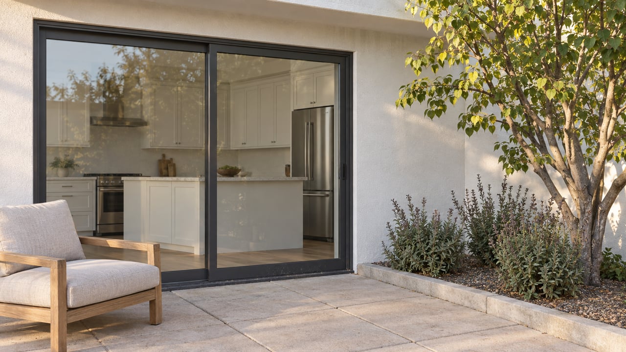 A warm-white home opens onto pale terrace pavers through closed charcoal-framed glass doors, beside a lounge chair and a sculptural flowering tree.