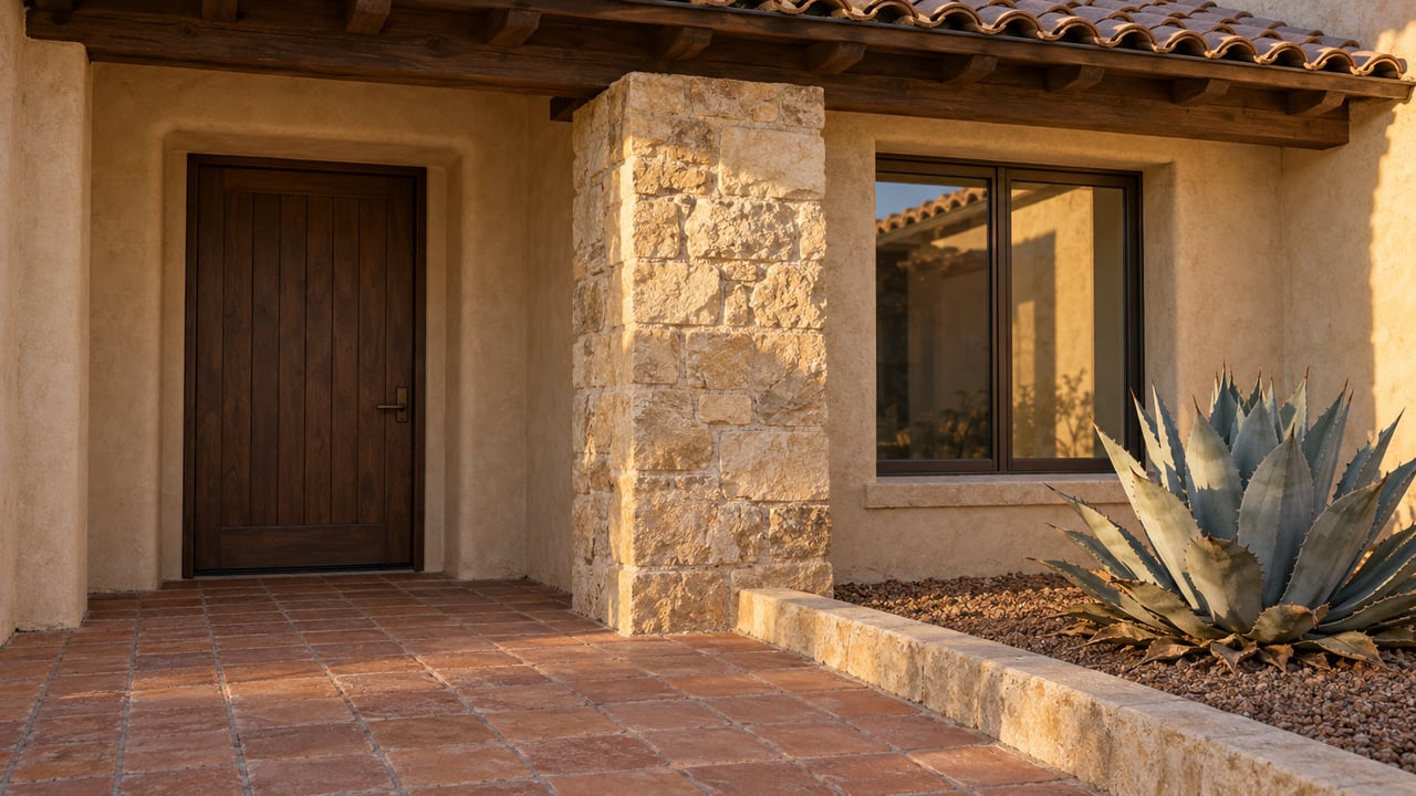 Warm sunset light across a tan stucco entry, walnut door, limestone pier and blue-gray agave beside terracotta paving.