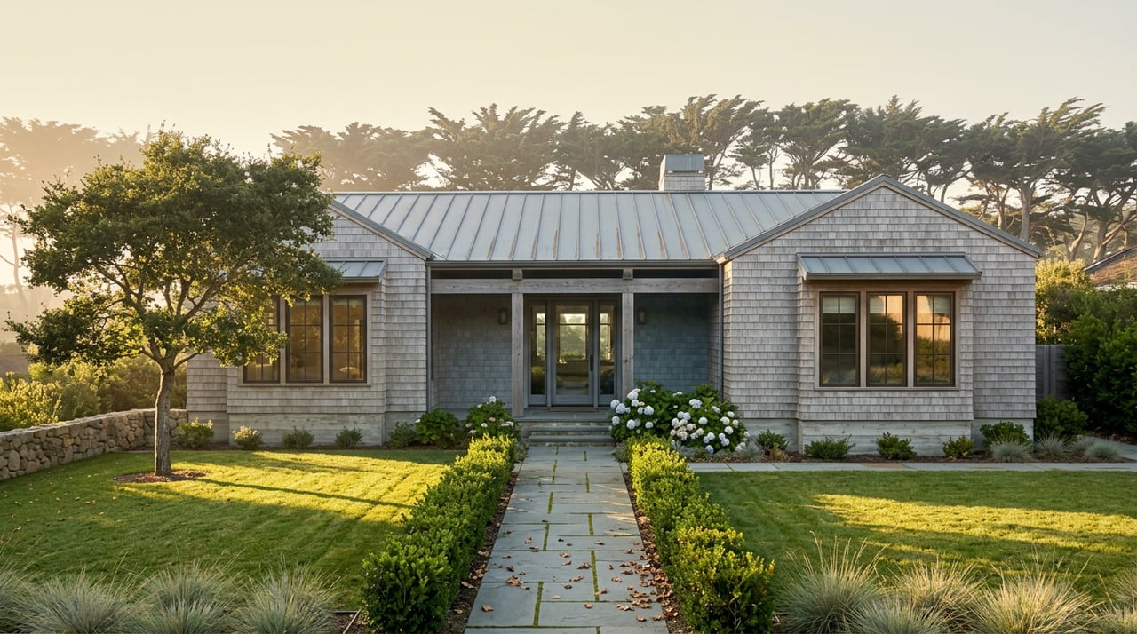 Cedar-shingle home with covered timber entry, stone walkway, lawn, and wind-shaped trees behind.