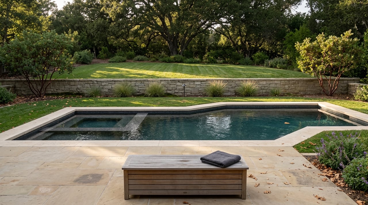 Raised pool and spa beside a sloped lawn, fieldstone wall, and mature oak canopy.