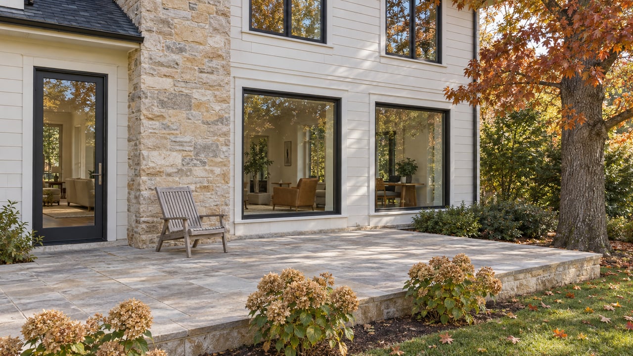 Garden-facing home with off-white siding, black-framed windows, a limestone terrace and a mature oak in early autumn.