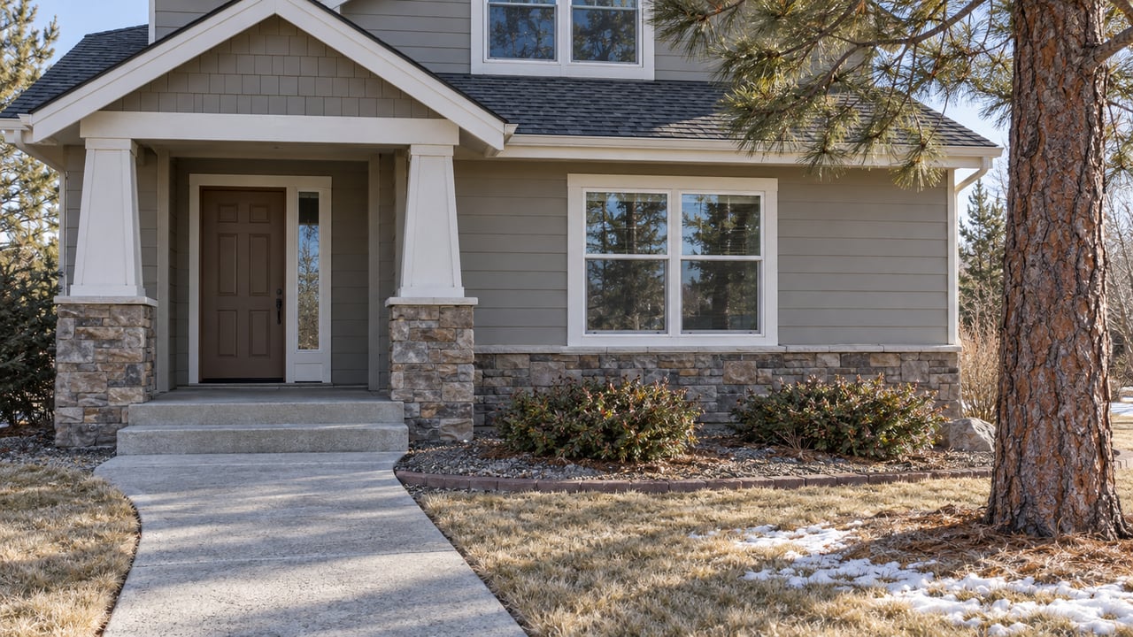 Winter sunlight on a gray-tan sided home's recessed entry, stone porch base and concrete walk beside a mature ponderosa pine.