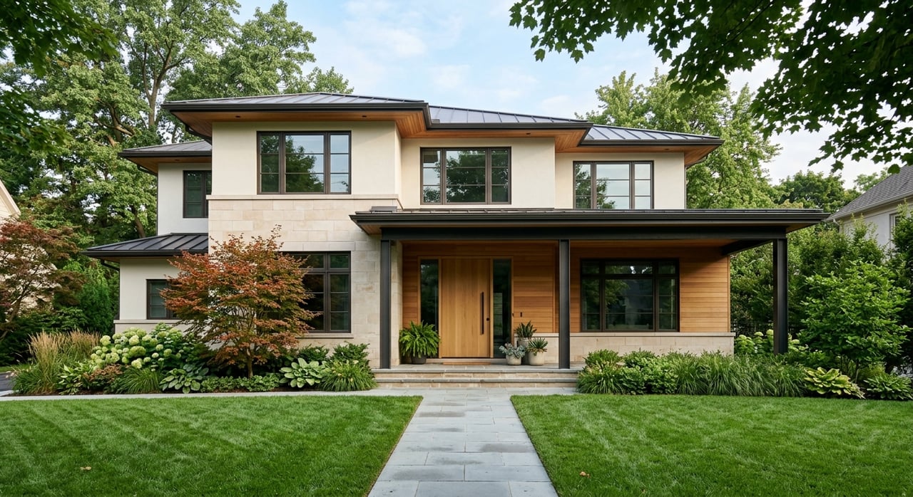 Warm-white stucco house with a limestone base, gridded windows, porch, and bluestone walkway across the lawn.