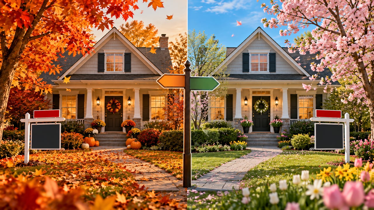White gabled house shown in autumn and spring, with contrasting foliage, flowers, pumpkins, and yard signs.
