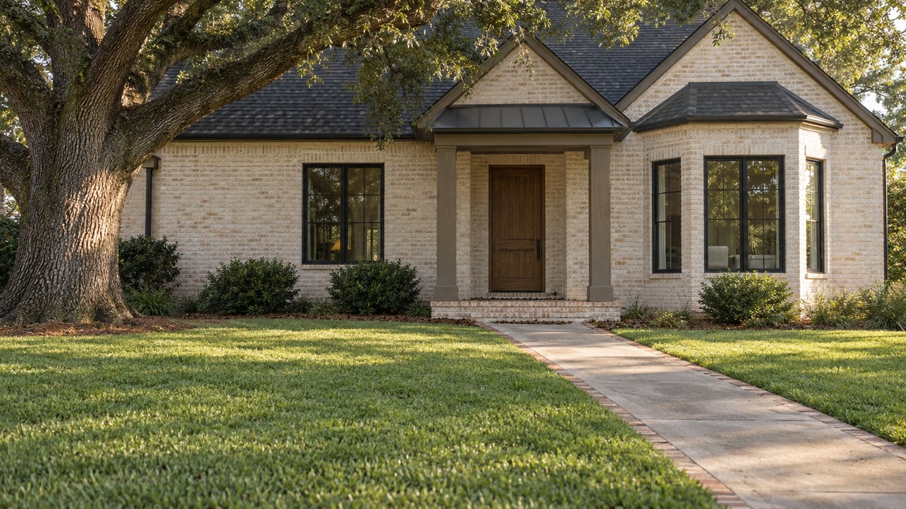 Ivory brick house with a charcoal gabled roof, recessed porch, broad lawn, and mature oak tree.