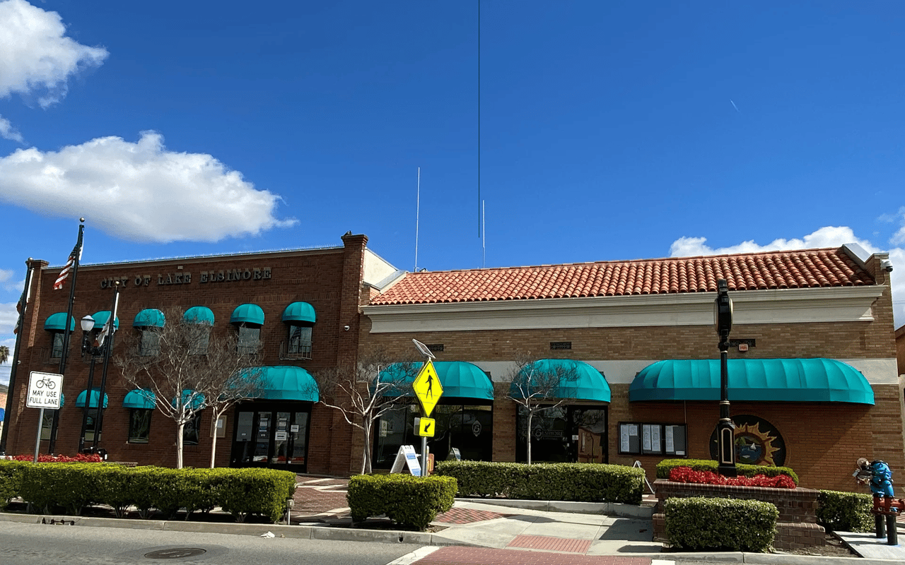 Exterior view of the historic Lake Elsinore Cultural Center building in Lake Elsinore, CA.