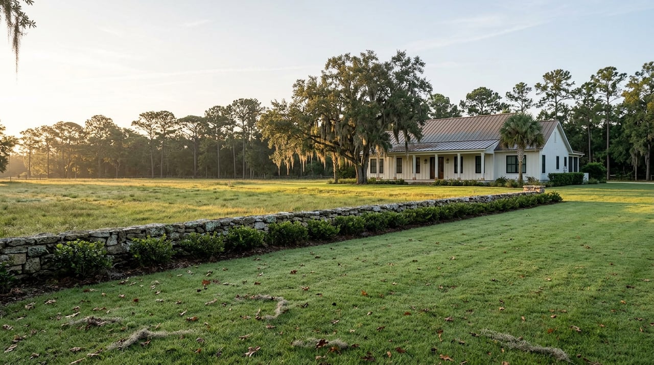 Clipped lawn meets a low stone wall, beyond which open pasture stretches to a white house beneath a live oak.
