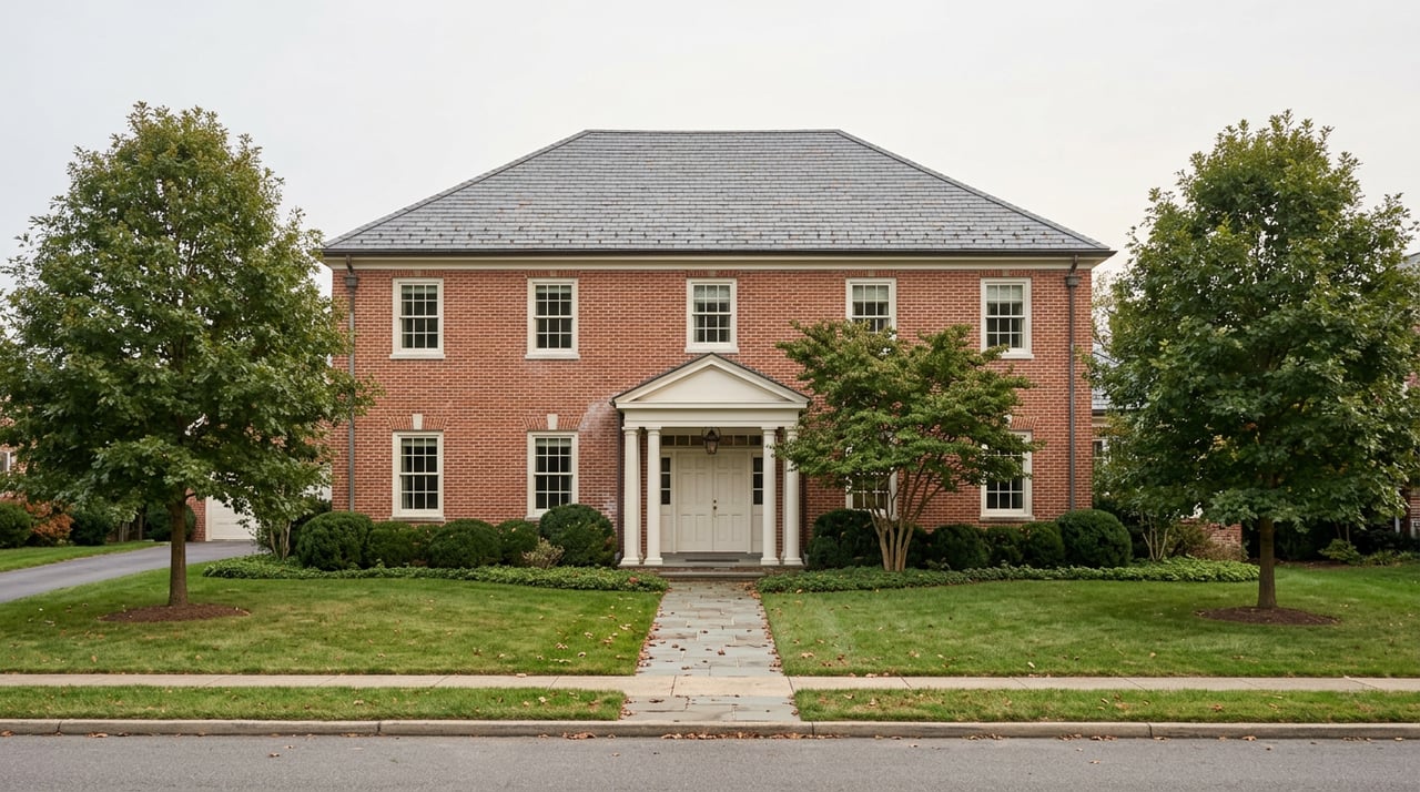 Two-story brick house with columned portico, broad lawn, mature oak trees, and pale overcast sky.