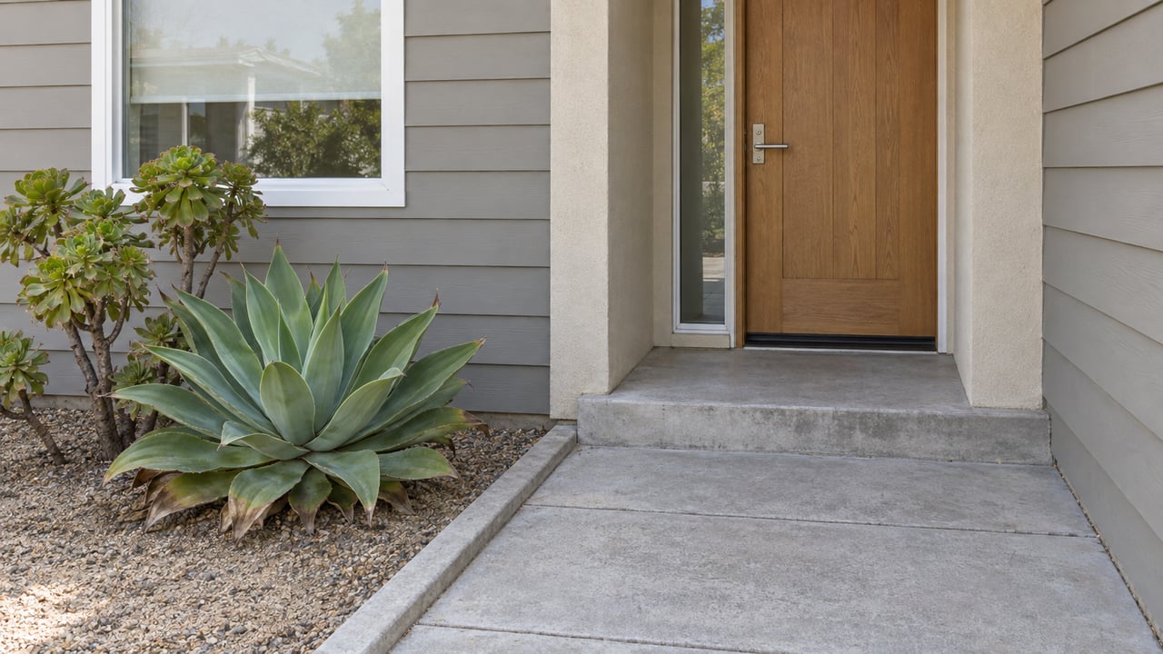 A modest gray-sided home entrance with an oak door, concrete approach and sculptural drought-tolerant plants in soft daylight.