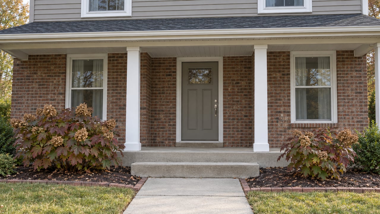 Covered entry of a modest brick and gray-sided home, with white porch posts, concrete steps and oakleaf hydrangeas in autumn.
