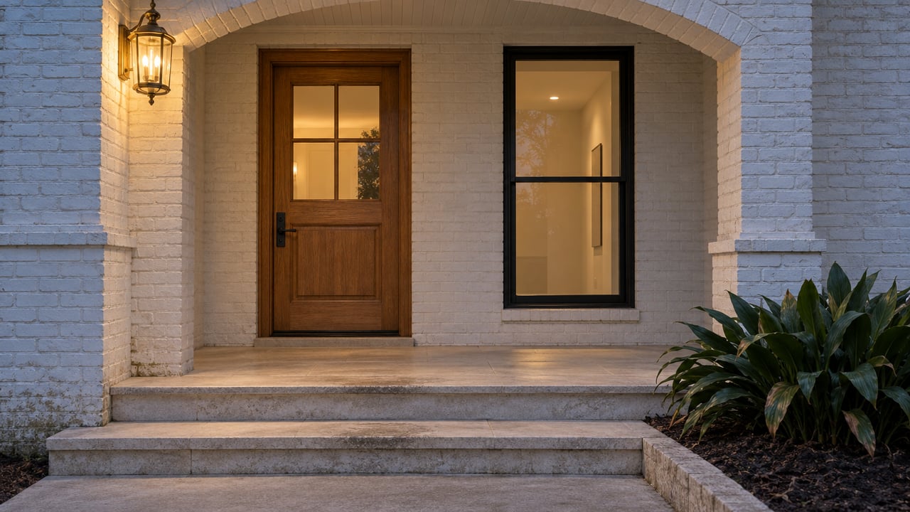 White-painted brick arched porch at dusk with a lit brass lantern, oak front door, black-framed window and limestone steps.
