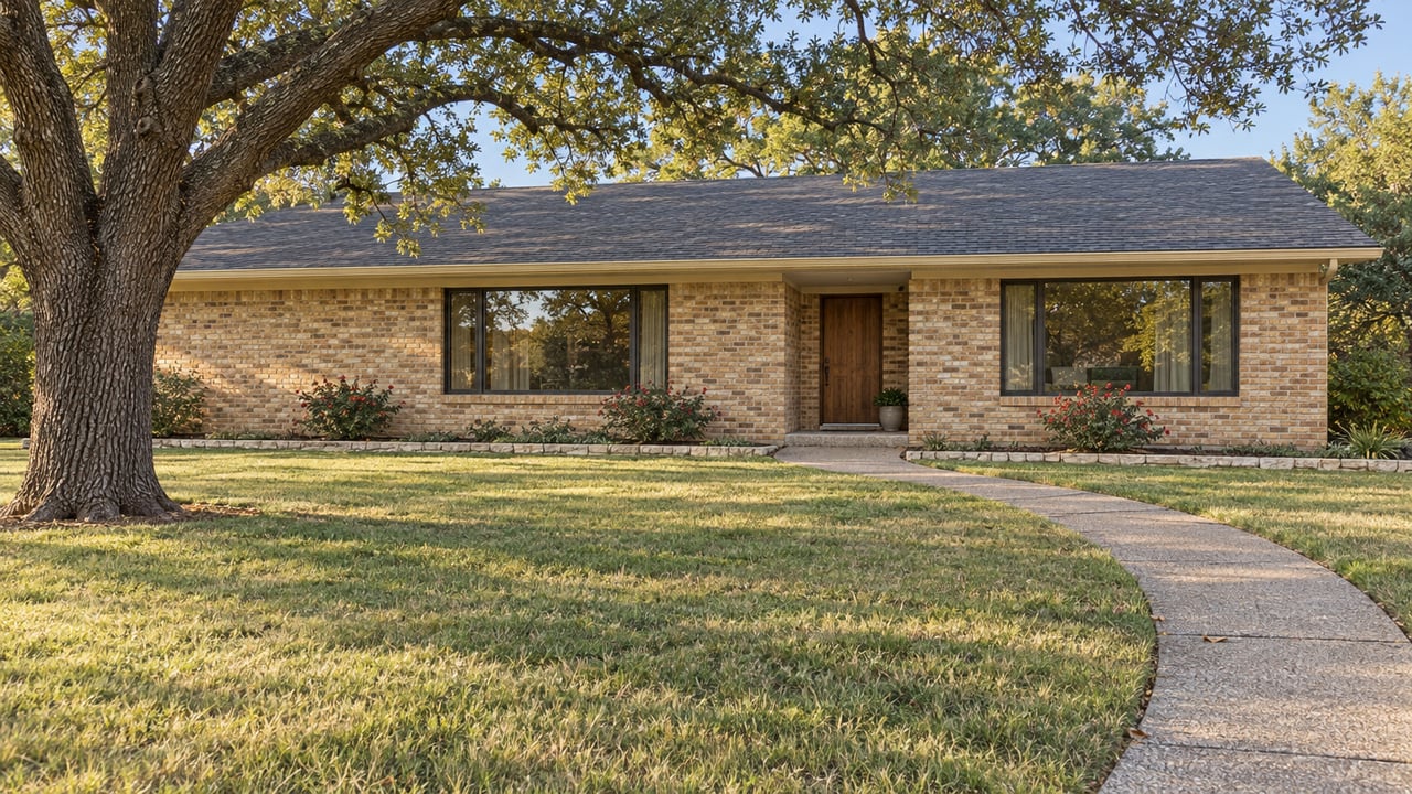 Low buff-brick ranch with broad windows, a curved concrete approach, deep lawn and a mature spreading oak in late-afternoon light.