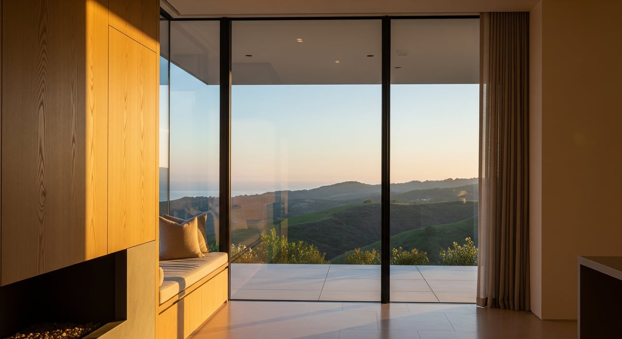 Floor-to-ceiling windows frame rolling green hills, with a built-in window seat and wood cabinetry.