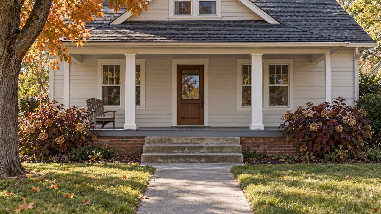 Autumn morning light falls across a white-sided porch-front house with brick foundation, divided-light windows, and a concrete walk bordered by lawn.