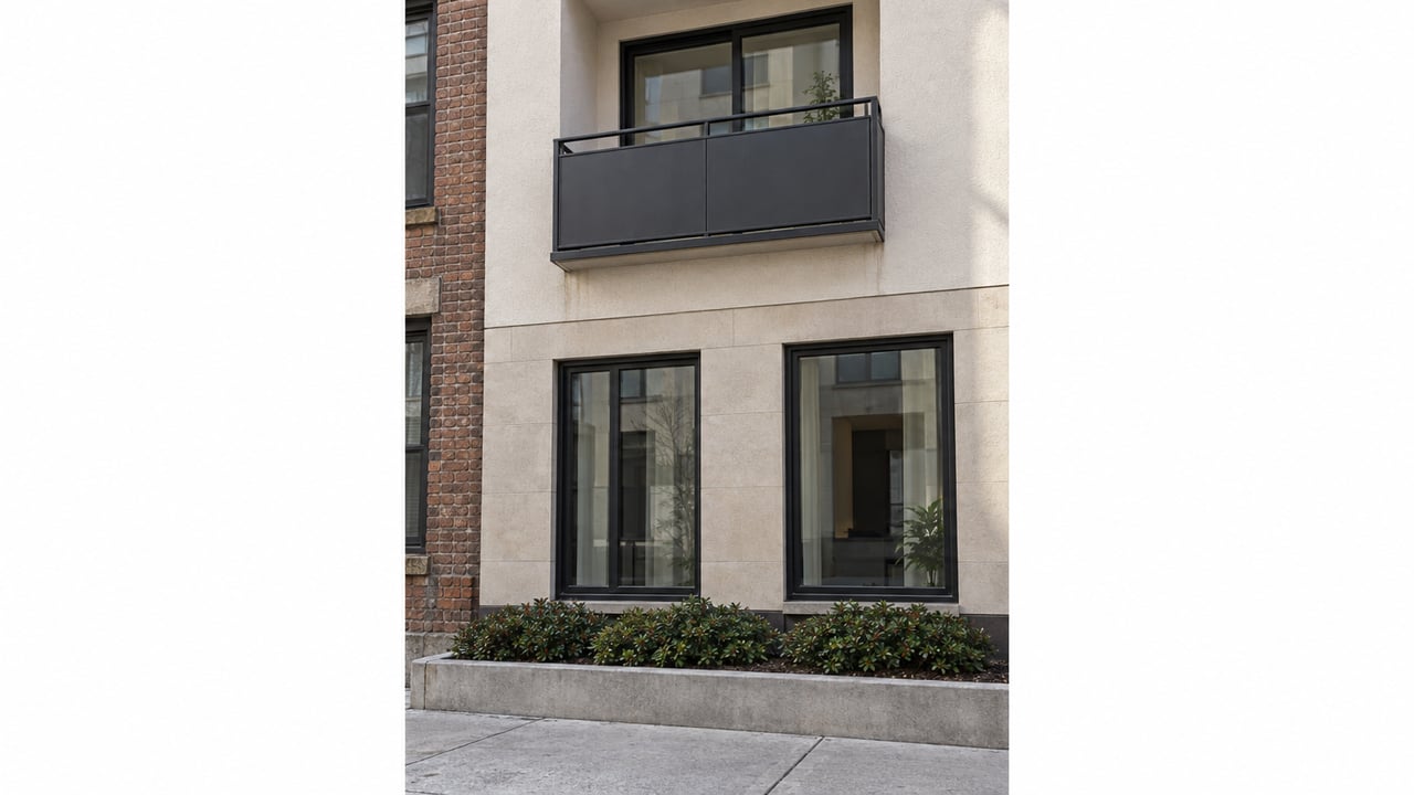 New condo facade with recessed balcony beside weathered red-brown brick, above a narrow curbside planting bed.