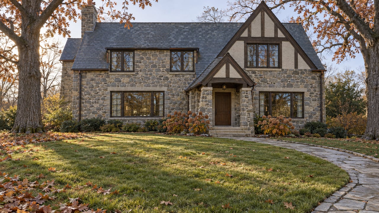 Stone Arts-and-Crafts home beyond a deep autumn lawn, framed by mature white oaks in pale morning light.