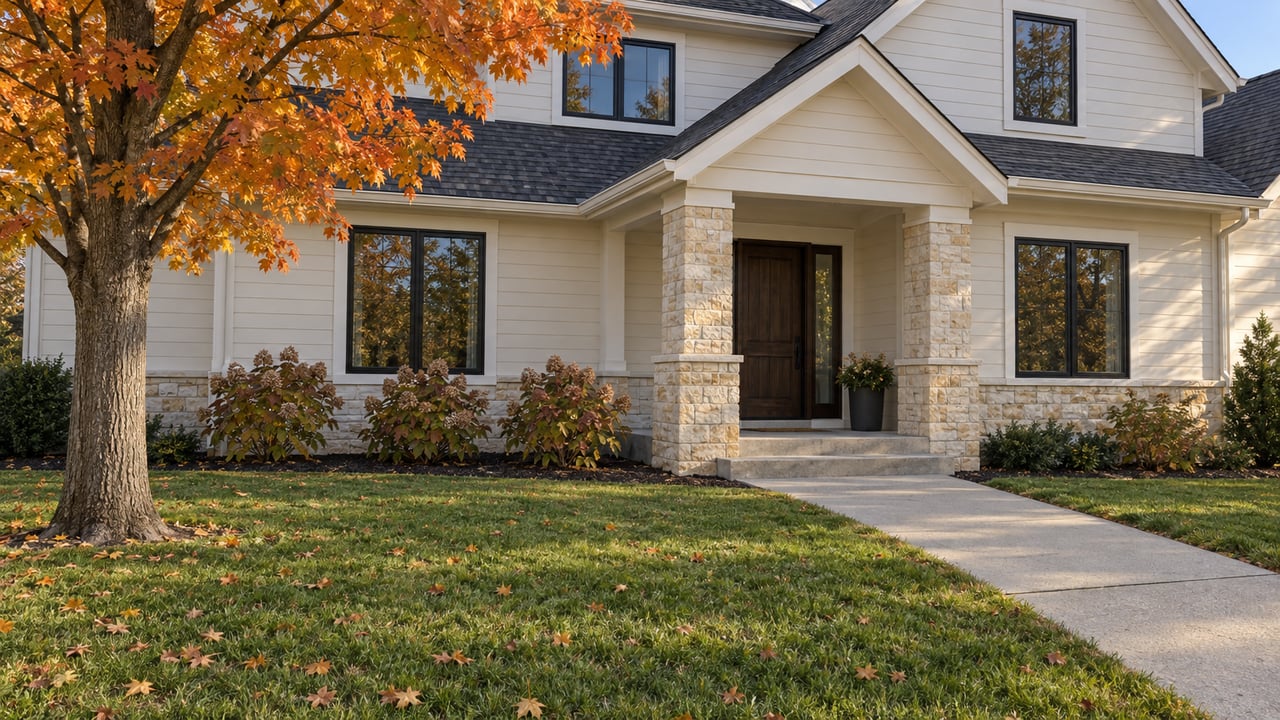 Ivory gabled home with limestone porch piers, a deep autumn lawn, and an orange sugar maple in afternoon light.