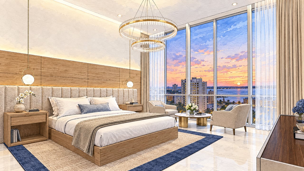 Staged high-rise bedroom with floor-to-ceiling windows overlooking water at sunset