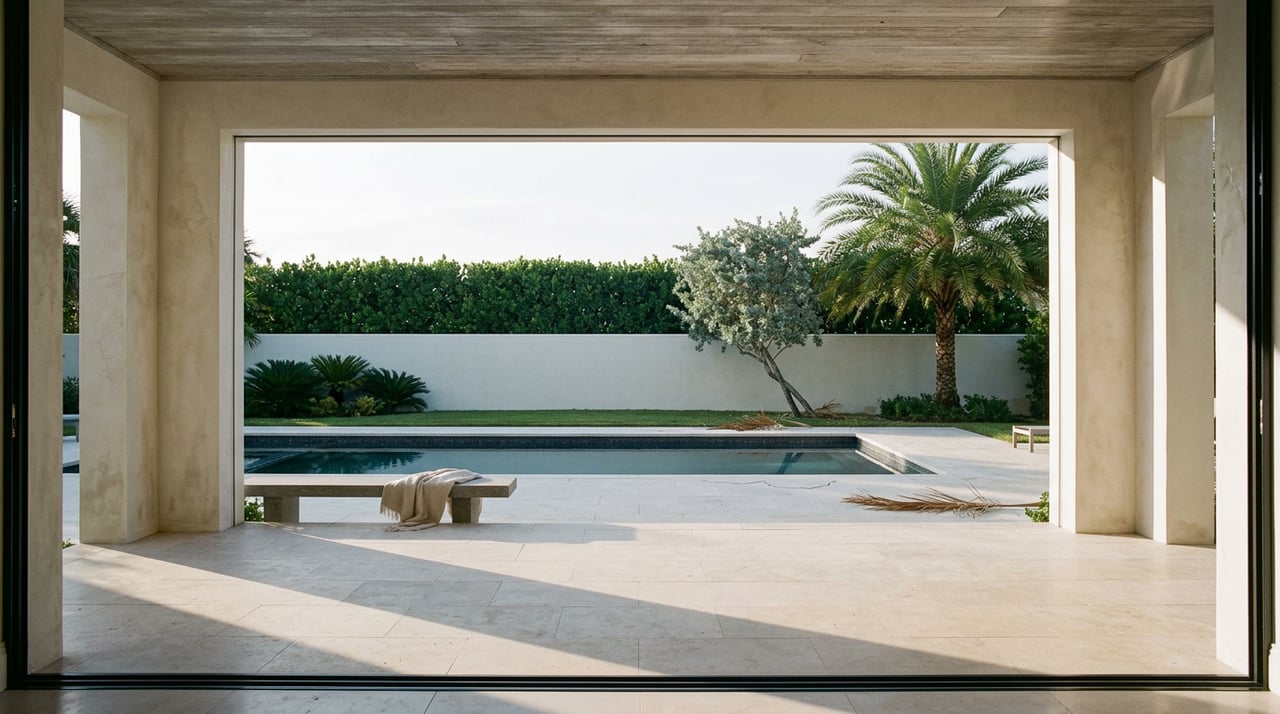Limestone pool terrace beyond a covered loggia, with a dark-tiled pool and specimen palm.