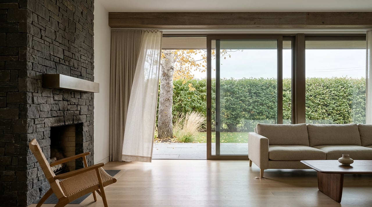 Great room with a basalt stone fireplace, oak floors, and an open glass slider onto a terrace with an aspen.