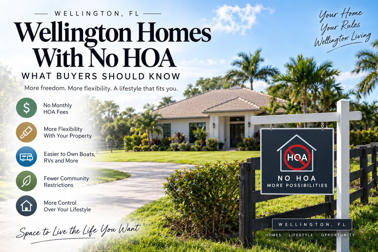 Wellington homes with no HOA: a home and roadside sign accompany a list of buyer benefits.