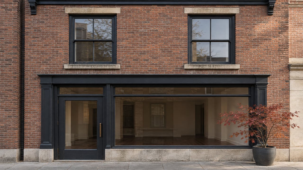 Red-brown brick facade with tall upstairs sash windows, dark-framed ground-floor glazing, limestone trim, and a single Japanese maple in a charcoal planter.