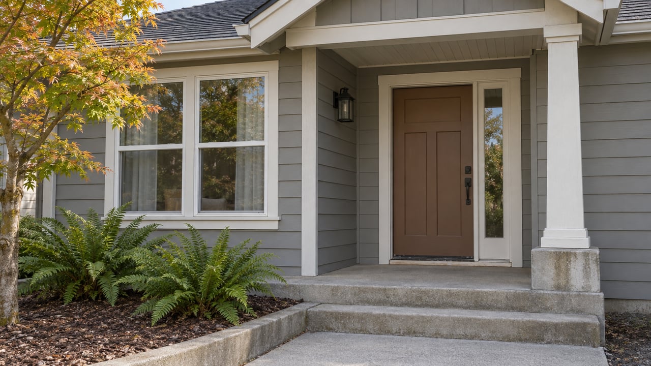 Gray lap-sided home entrance with a brown door, white-trimmed window, concrete steps, and autumn vine maple.