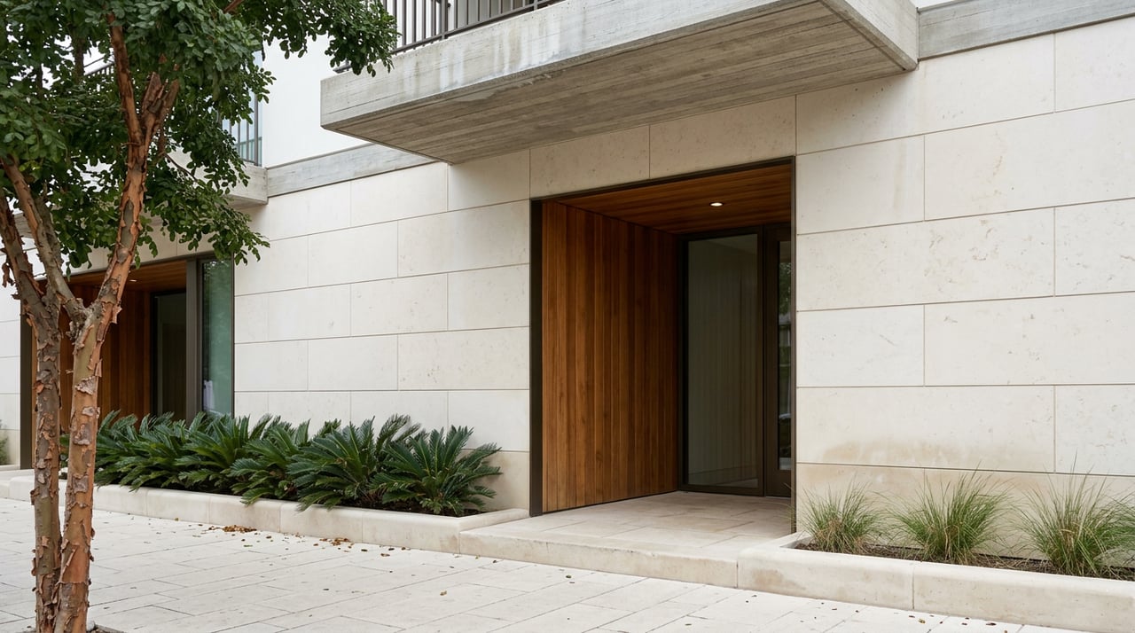 Limestone residential facade with recessed teak entry, bronze-framed glazing, concrete balcony, and peeling-bark tree.