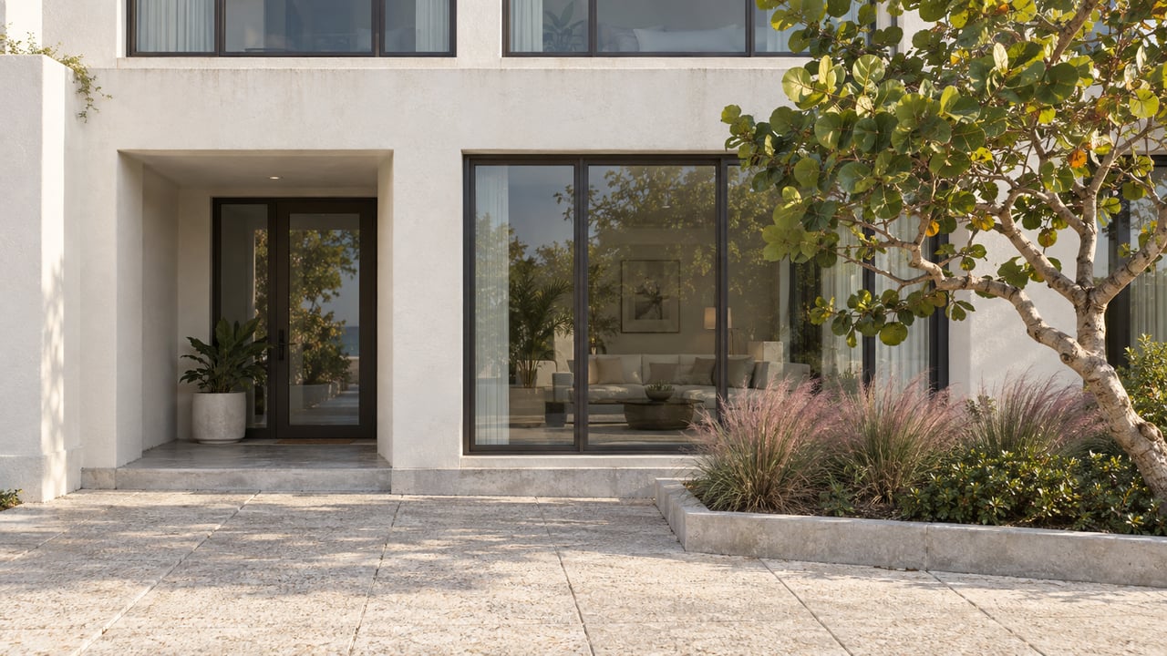 Two-story coastal residence with a recessed entry, broad glazed bay, and a tree beside the paved approach.