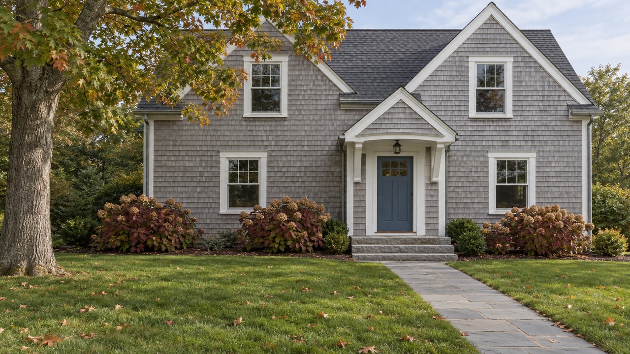 Silver-gray shingled home with a blue front door, granite steps and a deep lawn beneath an oak beginning to turn russet.