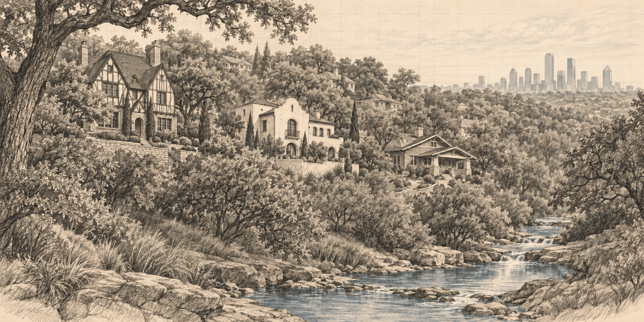 Pencil sketch of wooded hills and a creek, with Tudor, Spanish Revival and Craftsman houses and a distant skyline