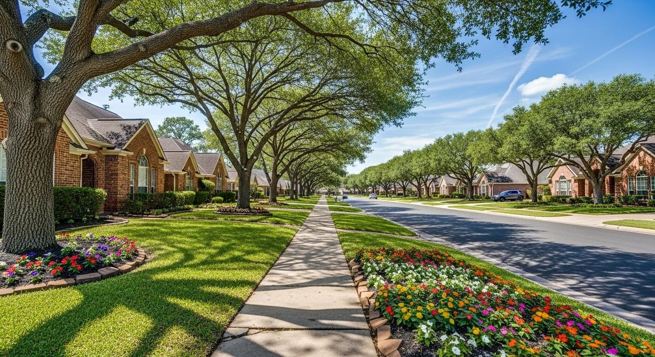 Tree-lined Spring neighborhood street with brick homes, colorful flower beds, and a sidewalk.