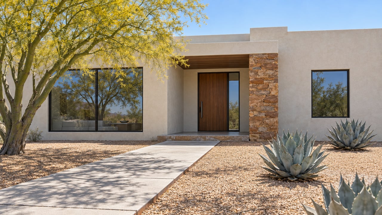 Cream stucco home with sandstone entry pier, bronze-framed windows and a broad concrete approach through a gravel garden with a sculptural tree and three agaves.