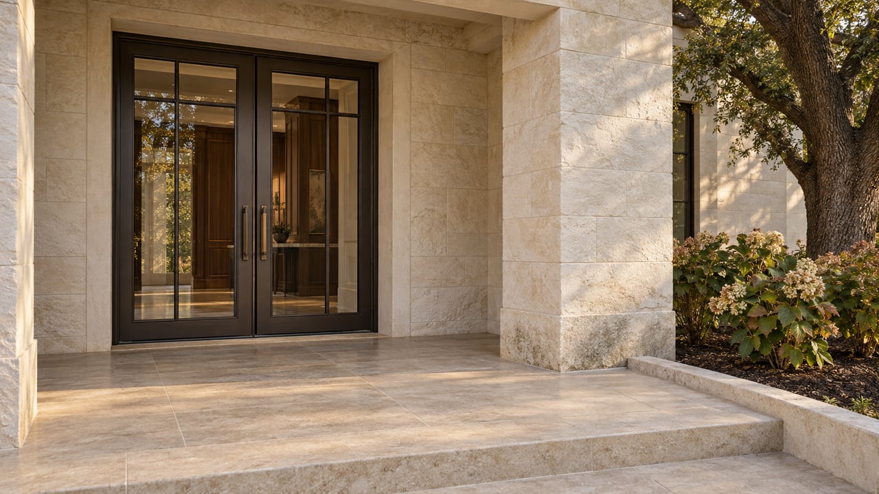 Cream limestone covered entry with paired dark-bronze French doors, a broad stone landing, and oakleaf hydrangeas beside a mature live oak.
