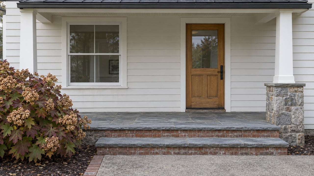 White clapboard home with an oak front door, bluestone porch steps, and one autumn oakleaf hydrangea.